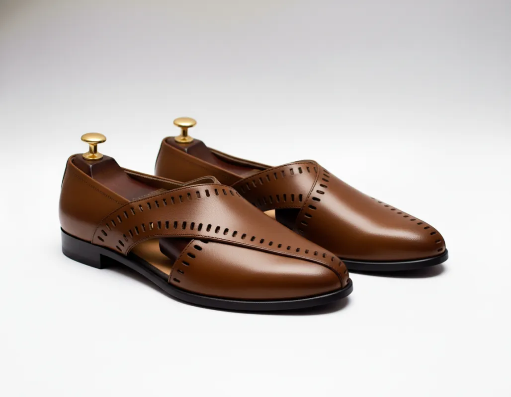 Brown Leather Tana Peshawari Loafers | Wedding Shoes for Groom | Shoes for Haldi Mehendi Sangeet sold by Costoso Italiano