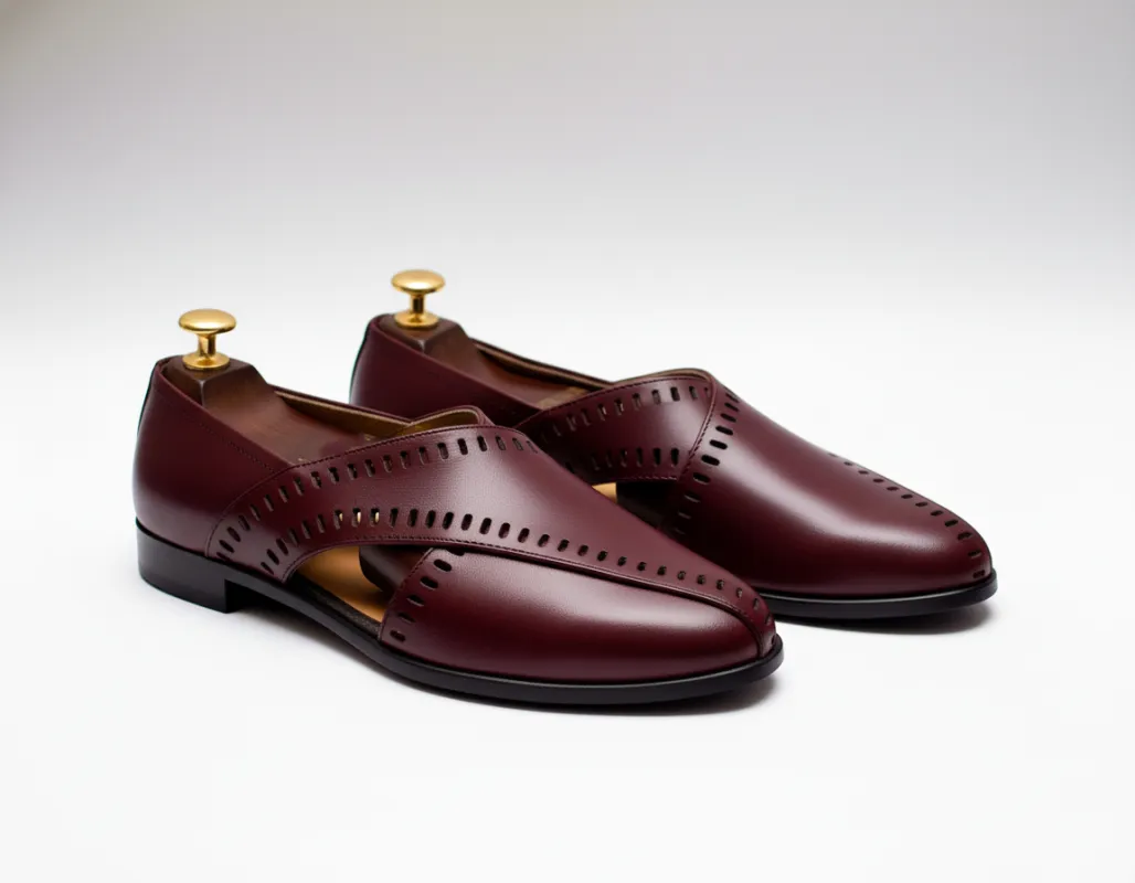 Burgundy Leather Tana Peshawari Loafers | Wedding Shoes for Groom | Shoes for Haldi Mehendi Sangeet sold by Costoso Italiano