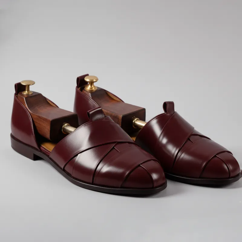 Burgundy Leather Tana Peshawari Loafers | Wedding Shoes for Groom | Shoes for Haldi Mehendi Sangeet sold by Costoso Italiano