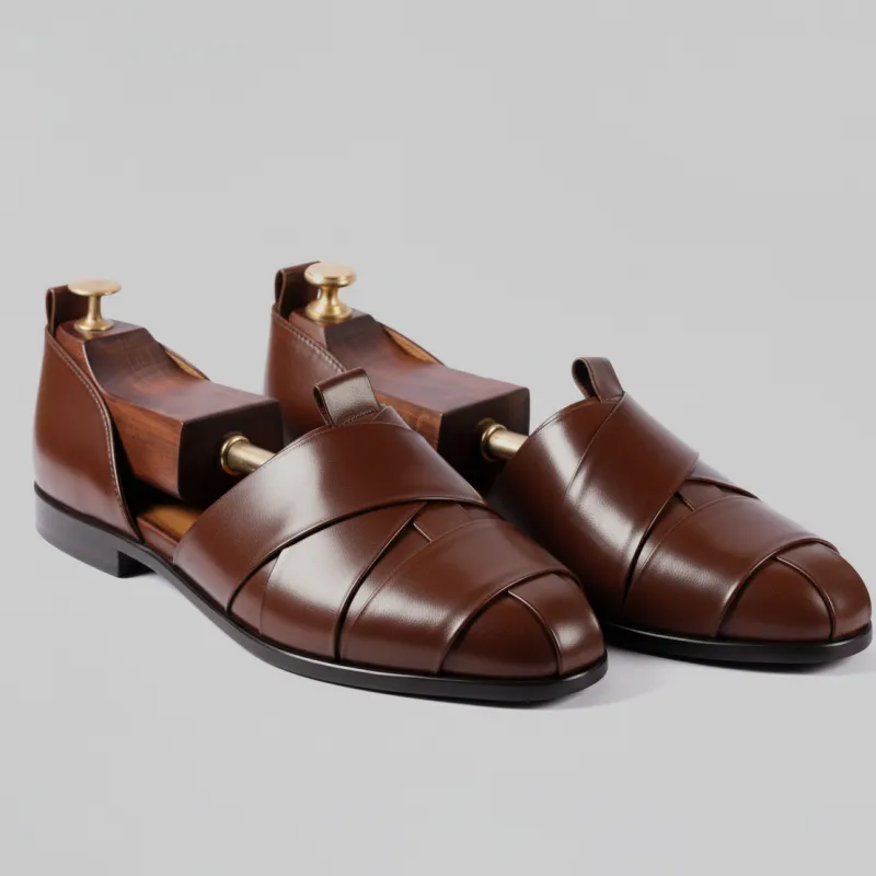 Brown Crossed Leather Tana Peshawari Sandals | Wedding Shoes for Groom | Shoes for Haldi Mehendi Sangeet sold by Costoso Italiano