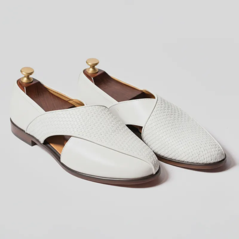White Braided Leather Tana Peshawari Loafers | Wedding Shoes for Groom | Shoes for Haldi Mehendi Sangeet sold by Costoso Italiano