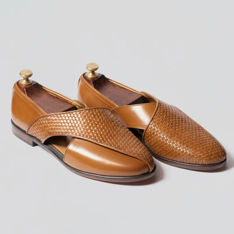 Tan Braided Leather Tana Peshawari Loafers | Wedding Shoes for Groom | Shoes for Haldi Mehendi Sangeet sold by Costoso Italiano