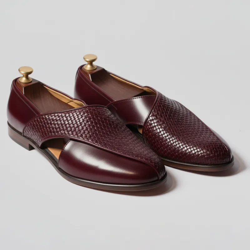 Burgundy Braided Leather Tana Peshawari Loafers | Wedding Shoes for Groom | Shoes for Haldi Mehendi Sangeet sold by Costoso Italiano
