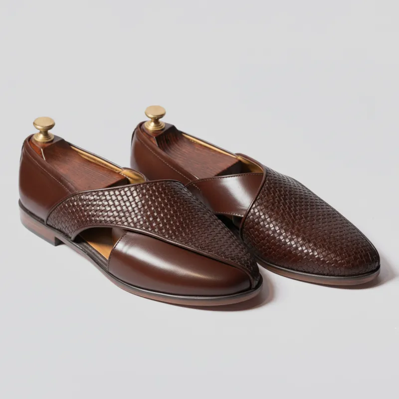 Brown Braided Leather Tana Peshawari Loafers | Wedding Shoes for Groom | Shoes for Haldi Mehendi Sangeet sold by Costoso Italiano
