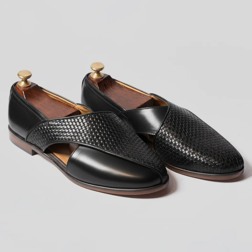 Black Braided Leather Tana Peshawari Loafers | Wedding Shoes for Groom | Shoes for Haldi Mehendi Sangeet sold by Costoso Italiano