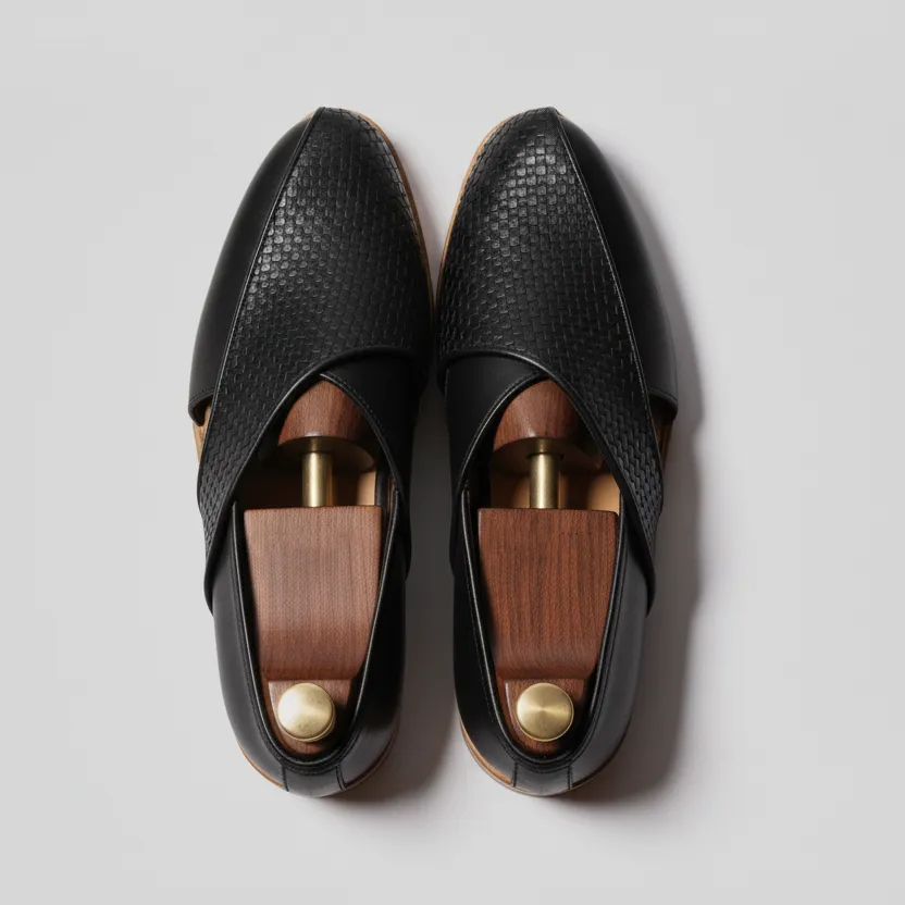 Black Braided Leather Tana Peshawari Loafers | Wedding Shoes for Groom | Shoes for Haldi Mehendi Sangeet sold by Costoso Italiano product image thumbnail 3