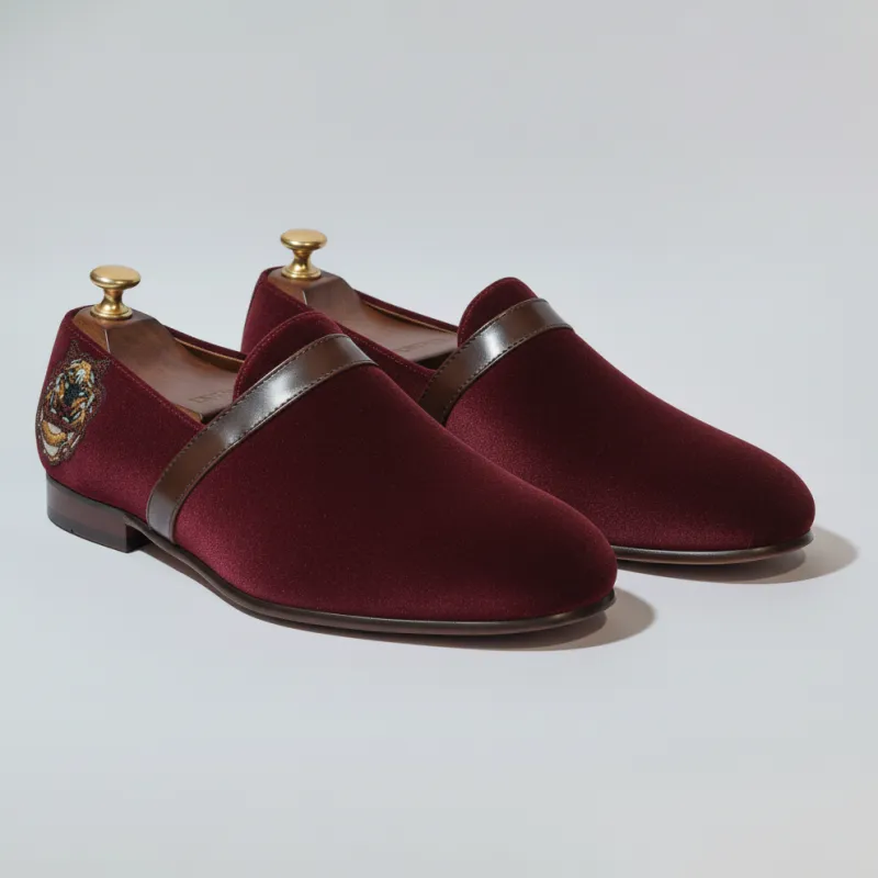 Burgundy Velvet Tana Embroidered Peshawari Loafers | Wedding Shoes for Groom | Shoes for Haldi Mehendi Sangeet sold by Costoso Italiano