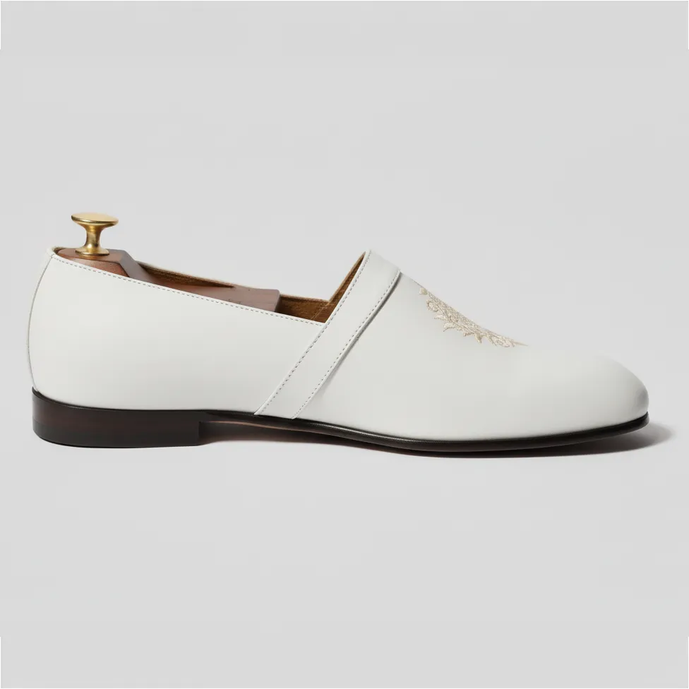 White Leather Tana Embroidered Peshawari Loafers | Wedding Shoes for Groom | Shoes for Haldi Mehendi Sangeet sold by Costoso Italiano product image thumbnail 3