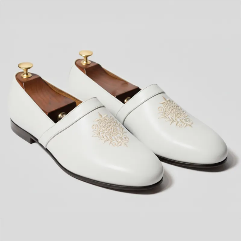 White Leather Tana Embroidered Peshawari Loafers | Wedding Shoes for Groom | Shoes for Haldi Mehendi Sangeet sold by Costoso Italiano