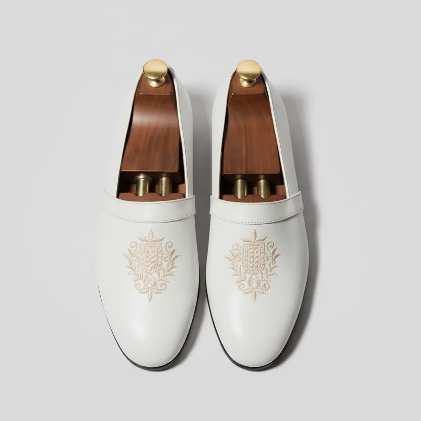 White Leather Tana Embroidered Peshawari Loafers | Wedding Shoes for Groom | Shoes for Haldi Mehendi Sangeet sold by Costoso Italiano product image thumbnail 2