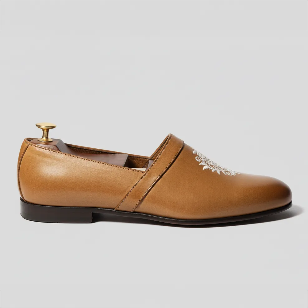 Tan Leather Tana Embroidered Peshawari Loafers | Wedding Shoes for Groom | Shoes for Haldi Mehendi Sangeet sold by Costoso Italiano product image thumbnail 2