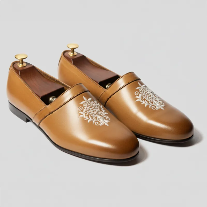 Tan Leather Tana Embroidered Peshawari Loafers | Wedding Shoes for Groom | Shoes for Haldi Mehendi Sangeet sold by Costoso Italiano