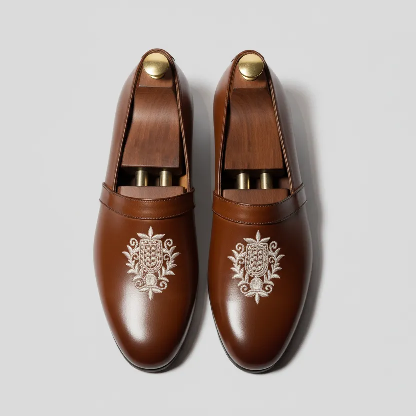 Brown Leather Tana Embroidered Peshawari Loafers | Wedding Shoes for Groom | Shoes for Haldi Mehendi Sangeet sold by Costoso Italiano product image thumbnail 4