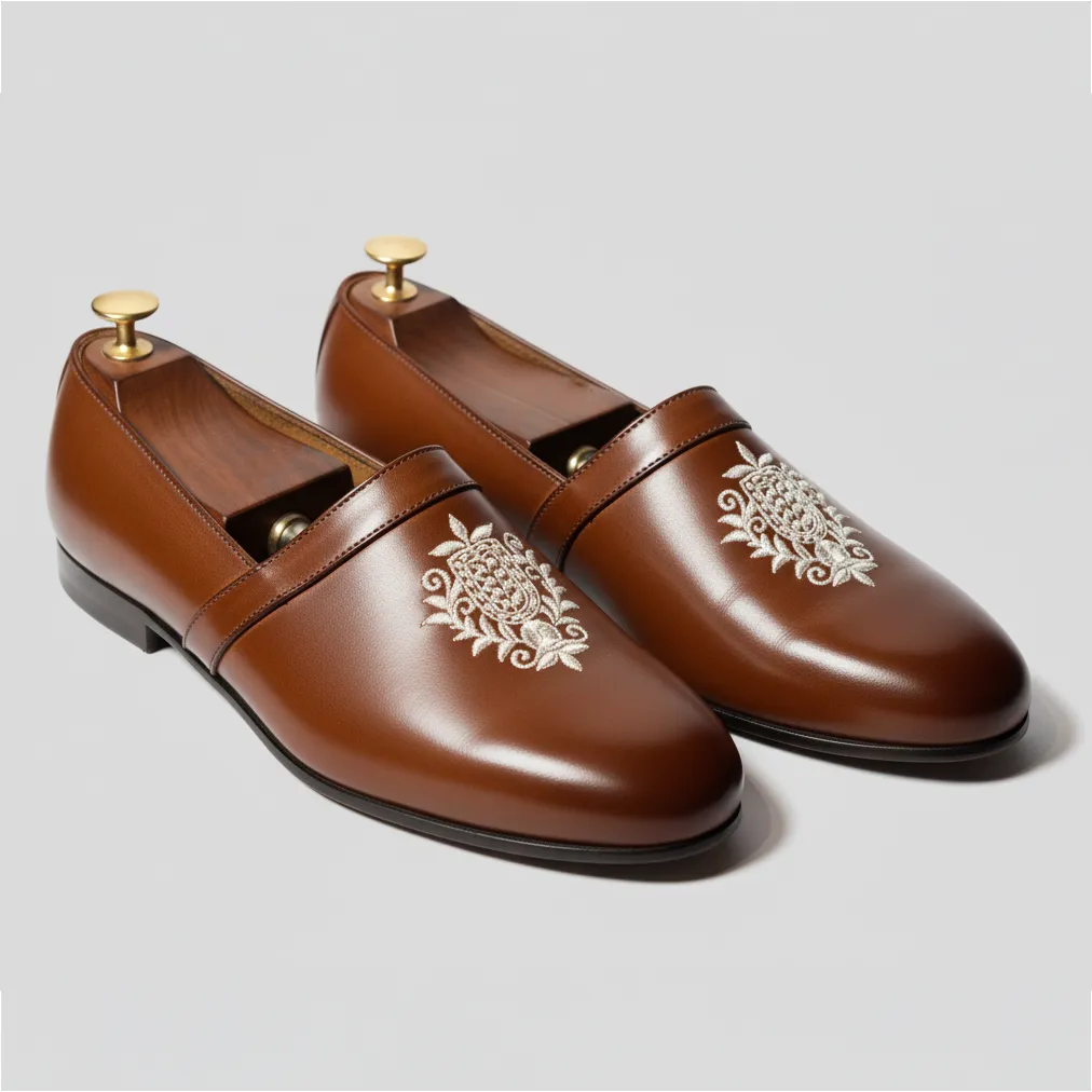 Brown Leather Tana Embroidered Peshawari Loafers | Wedding Shoes for Groom | Shoes for Haldi Mehendi Sangeet sold by Costoso Italiano