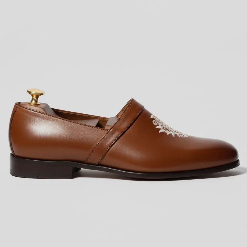 Brown Leather Tana Embroidered Peshawari Loafers | Wedding Shoes for Groom | Shoes for Haldi Mehendi Sangeet sold by Costoso Italiano product image thumbnail 2