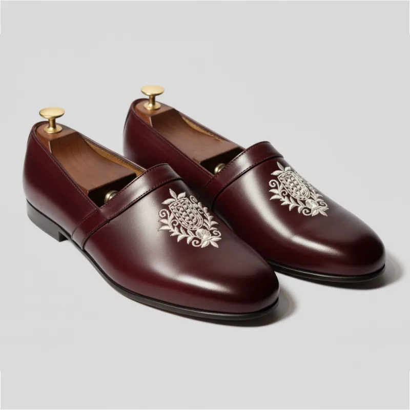 Burgundy Leather Tana Embroidered Peshawari Loafers | Wedding Shoes for Groom | Shoes for Haldi Mehendi Sangeet sold by Costoso Italiano