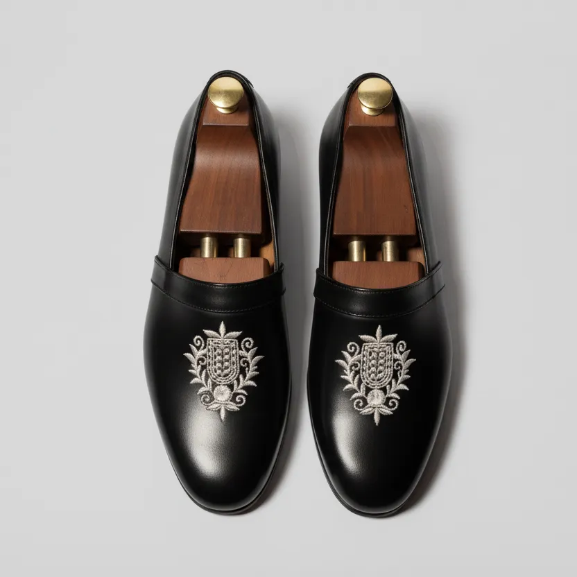 Black Leather Tana Embroidered Peshawari Loafers | Wedding Shoes for Groom | Shoes for Haldi Mehendi Sangeet sold by Costoso Italiano product image thumbnail 2