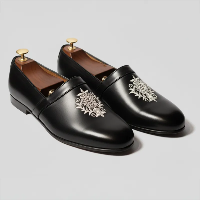 Black Leather Tana Embroidered Peshawari Loafers | Wedding Shoes for Groom | Shoes for Haldi Mehendi Sangeet sold by Costoso Italiano