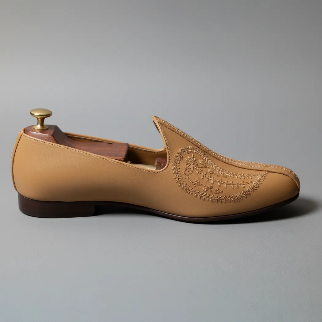 Light Tan Leather Tana Embroidered Peshawari Jutti Loafers | Wedding Shoes for Groom | Shoes for Haldi Mehendi Sangeet sold by Costoso Italiano product image thumbnail 2