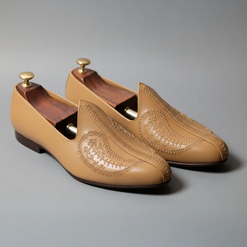 Light Tan Leather Tana Embroidered Peshawari Jutti Loafers | Wedding Shoes for Groom | Shoes for Haldi Mehendi Sangeet sold by Costoso Italiano