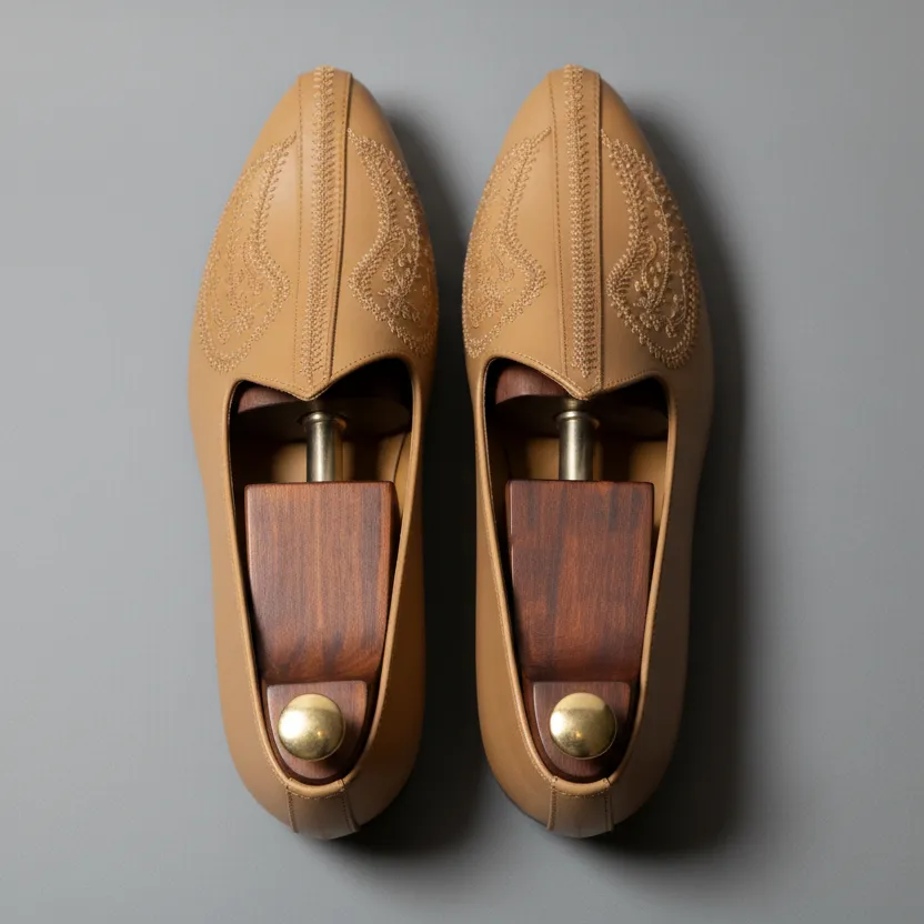 Light Tan Leather Tana Embroidered Peshawari Jutti Loafers | Wedding Shoes for Groom | Shoes for Haldi Mehendi Sangeet sold by Costoso Italiano product image thumbnail 4