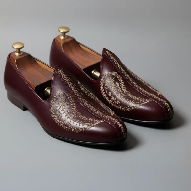 Burgundy Leather Tana Embroidered Peshawari Jutti Loafers | Wedding Shoes for Groom | Shoes for Haldi Mehendi Sangeet sold by Costoso Italiano