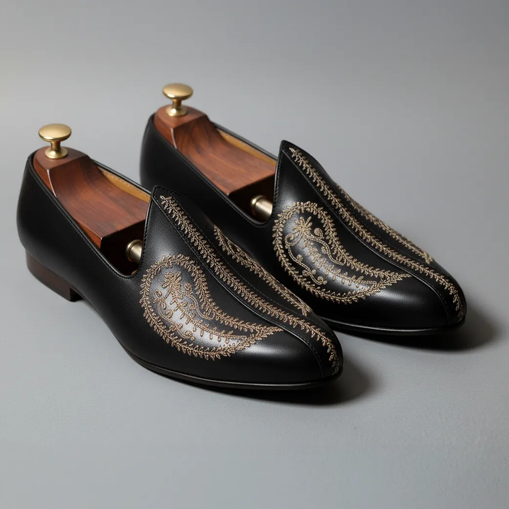 Black Leather Tana Embroidered Peshawari Jutti Loafers | Wedding Shoes for Groom | Shoes for Haldi Mehendi Sangeet sold by Costoso Italiano
