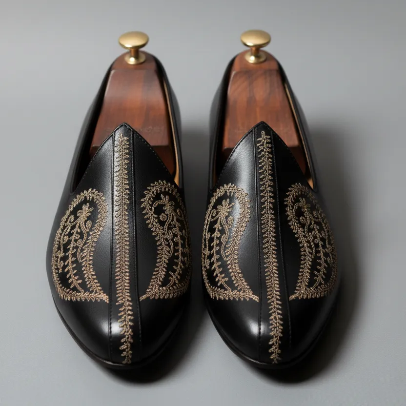 Black Leather Tana Embroidered Peshawari Jutti Loafers | Wedding Shoes for Groom | Shoes for Haldi Mehendi Sangeet sold by Costoso Italiano product image thumbnail 2