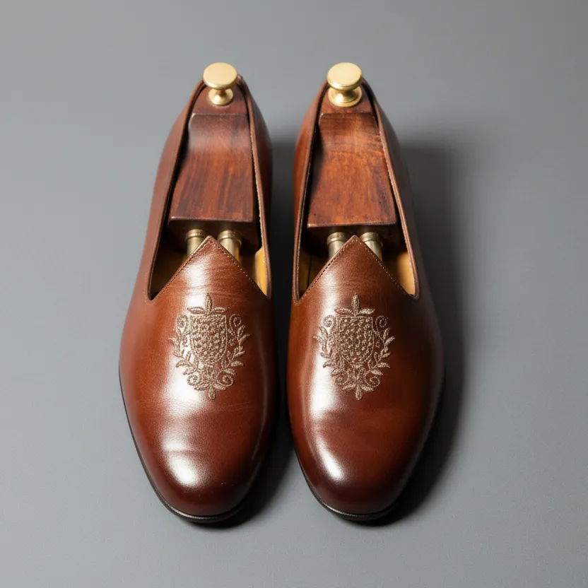 Tan Leather Tana Embroidered Peshawari Jutti Loafers | Wedding Shoes for Groom | Shoes for Haldi Mehendi Sangeet sold by Costoso Italiano product image thumbnail 4
