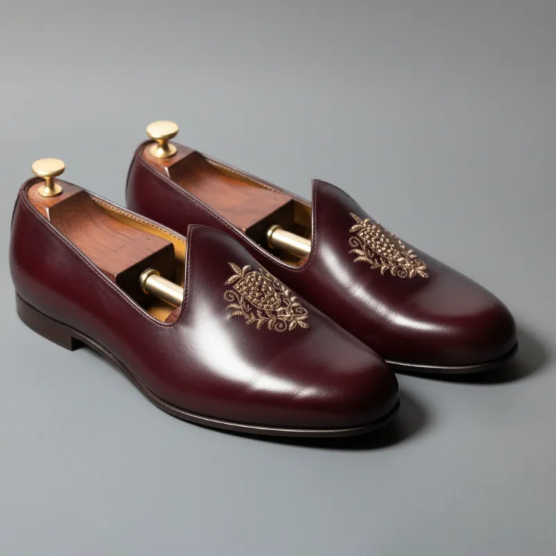 Burgundy Leather Tana Embroidered Peshawari Jutti Loafers | Wedding Shoes for Groom | Shoes for Haldi Mehendi Sangeet sold by Costoso Italiano