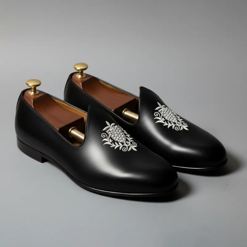 Black Leather Tana Embroidered Peshawari Jutti Loafers | Wedding Shoes for Groom | Shoes for Haldi Mehendi Sangeet sold by Costoso Italiano