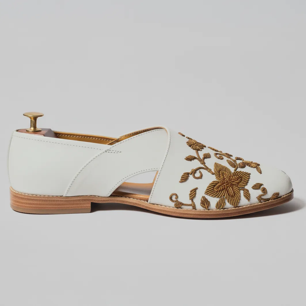 White Leather Tana Peshawari Loafers | Wedding Shoes for Groom | Shoes for Haldi Mehendi Sangeet sold by Costoso Italiano product image thumbnail 4