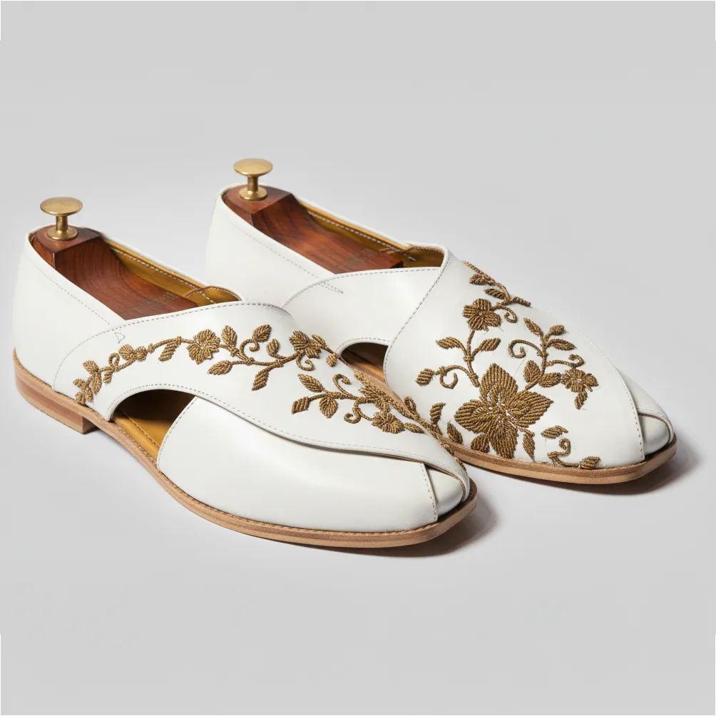 White Leather Tana Peshawari Loafers | Wedding Shoes for Groom | Shoes for Haldi Mehendi Sangeet sold by Costoso Italiano