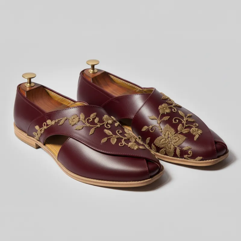 Burgundy Leather Tana Peshawari Hand Work Embroidered Zardozi Loafers | Wedding Shoes for Groom | Shoes for Haldi Mehendi Sangeet sold by Costoso Italiano