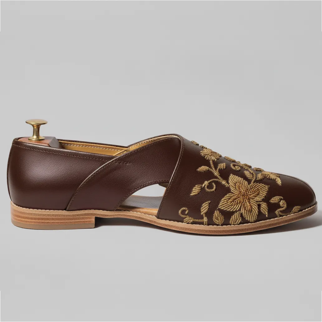 Brown Leather Tana Peshawari Hand Work Embroidered Zardozi Loafers | Wedding Shoes for Groom | Shoes for Haldi Mehendi Sangeet sold by Costoso Italiano product image thumbnail 4