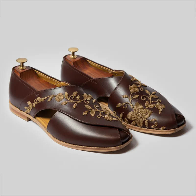 Brown Leather Tana Peshawari Hand Work Embroidered Zardozi Loafers | Wedding Shoes for Groom | Shoes for Haldi Mehendi Sangeet sold by Costoso Italiano
