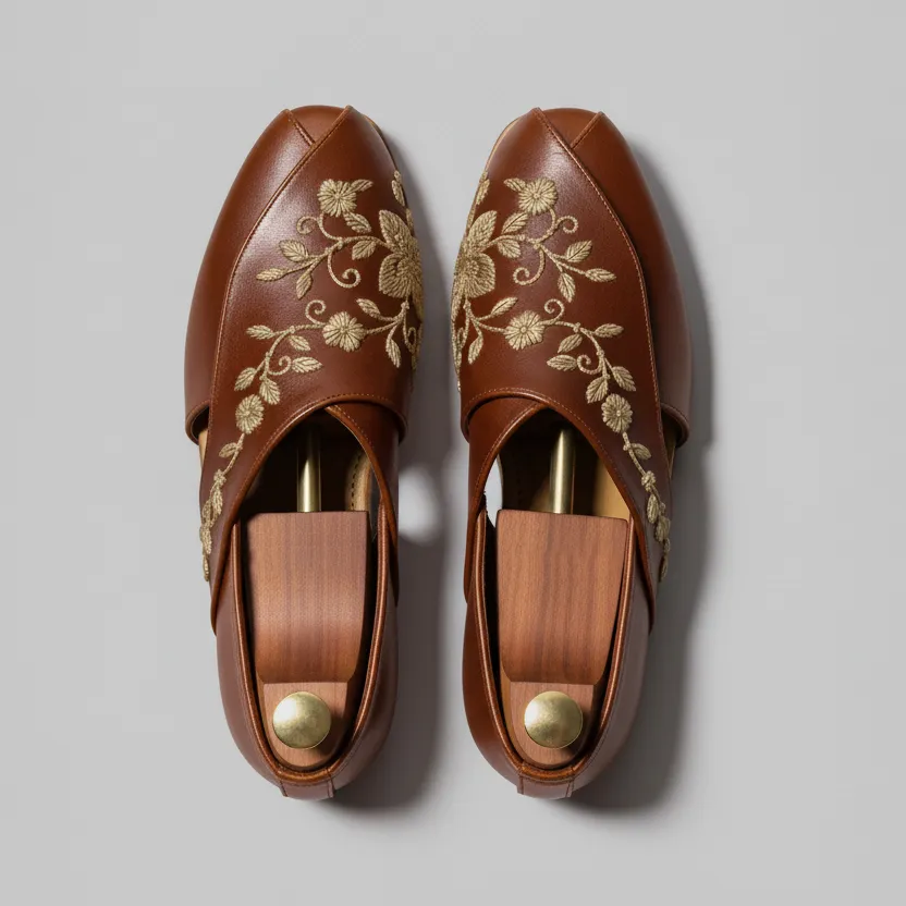 Brown Leather Tana Peshawari Hand Work Embroidered Zardozi Loafers | Wedding Shoes for Groom | Shoes for Haldi Mehendi Sangeet sold by Costoso Italiano product image thumbnail 2