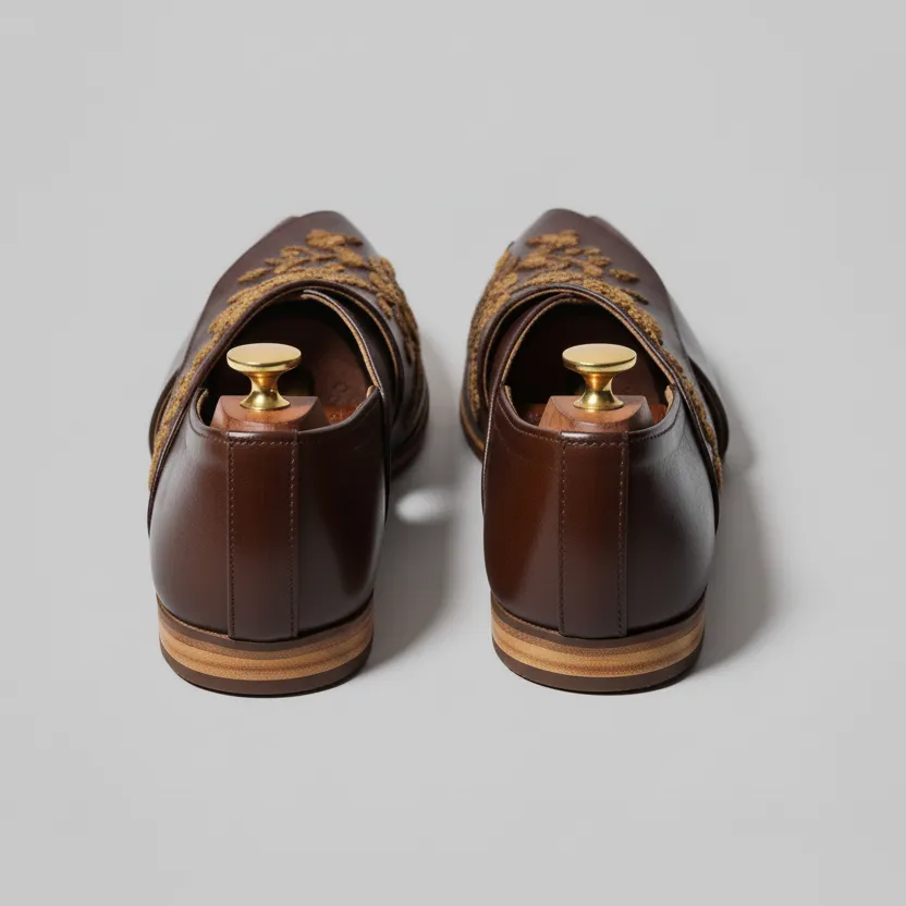 Brown Leather Tana Peshawari Hand Work Embroidered Zardozi Loafers | Wedding Shoes for Groom | Shoes for Haldi Mehendi Sangeet sold by Costoso Italiano product image thumbnail 3