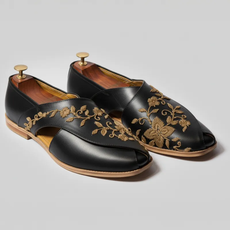 Black Leather Tana Peshawari Hand Work Embroidered Zardozi Loafers | Wedding Shoes for Groom | Shoes for Haldi Mehendi Sangeet sold by Costoso Italiano