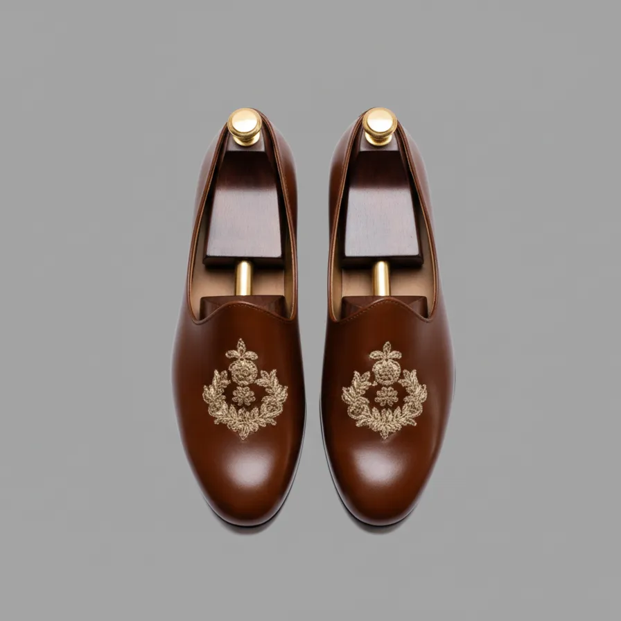 Brown Leather Tana Peshawari Hand Work Embroidered Zardozi Jutti Loafers | Wedding Shoes for Groom | Shoes for Haldi Mehendi Sangeet sold by Costoso Italiano product image thumbnail 3