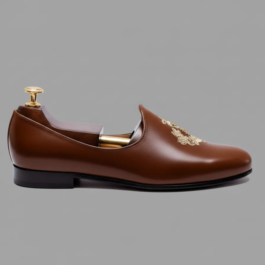 Brown Leather Tana Peshawari Hand Work Embroidered Zardozi Jutti Loafers | Wedding Shoes for Groom | Shoes for Haldi Mehendi Sangeet sold by Costoso Italiano product image thumbnail 4