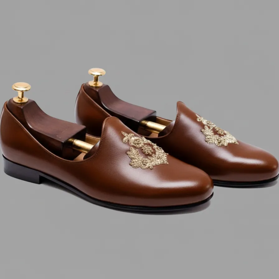 Brown Leather Tana Peshawari Hand Work Embroidered Zardozi Jutti Loafers | Wedding Shoes for Groom | Shoes for Haldi Mehendi Sangeet sold by Costoso Italiano