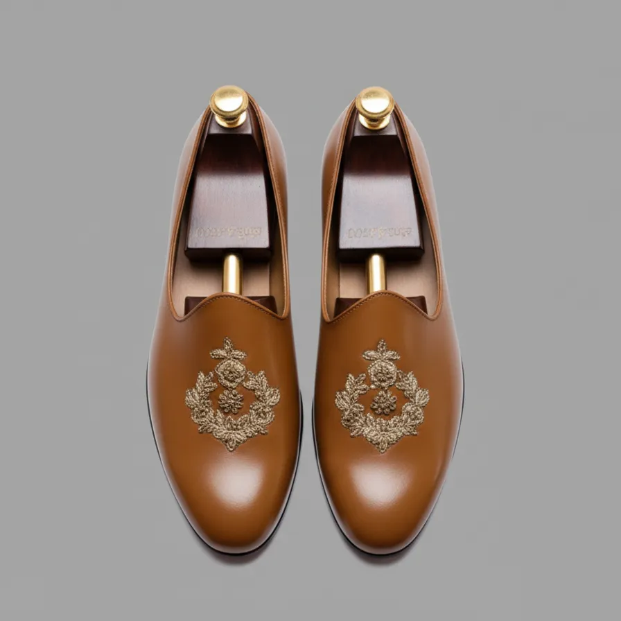 Tan Leather Tana Peshawari Hand Work Embroidered Zardozi Jutti Loafers | Wedding Shoes for Groom | Shoes for Haldi Mehendi Sangeet sold by Costoso Italiano product image thumbnail 3