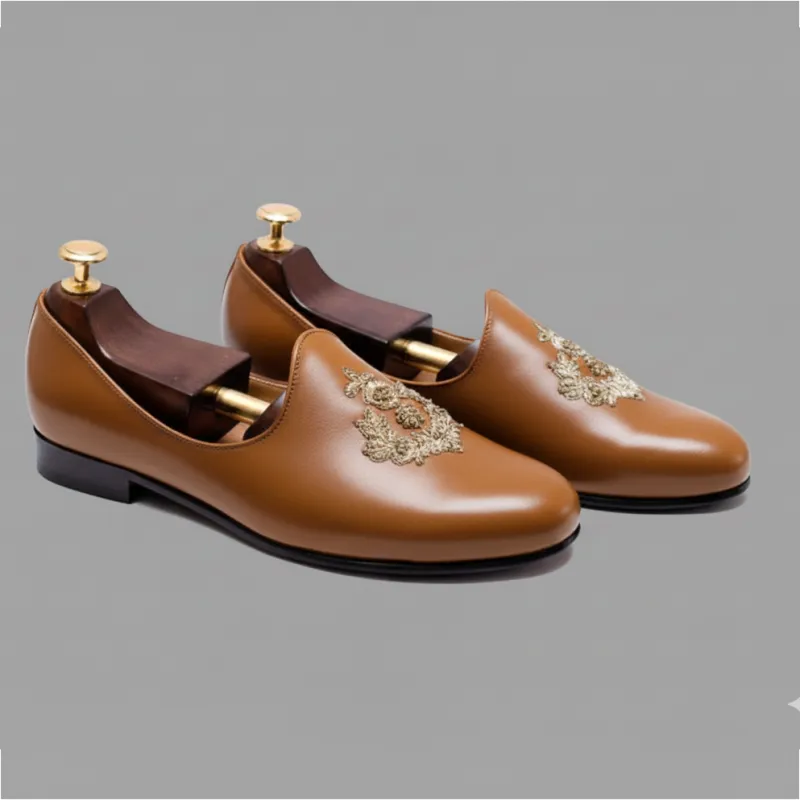 Tan Leather Tana Peshawari Hand Work Embroidered Zardozi Jutti Loafers | Wedding Shoes for Groom | Shoes for Haldi Mehendi Sangeet sold by Costoso Italiano