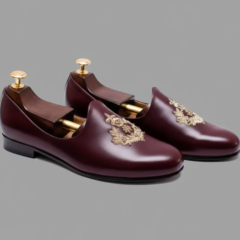 Burgundy Leather Tana Peshawari Hand Work Embroidered Zardozi Jutti Loafers | Wedding Shoes for Groom | Shoes for Haldi Mehendi Sangeet sold by Costoso Italiano