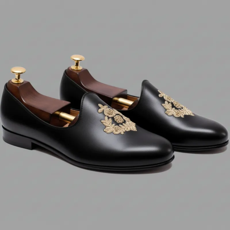 Black Leather Tana Peshawari Hand Work Embroidered Zardozi Jutti Loafers | Wedding Shoes for Groom | Shoes for Haldi Mehendi Sangeet sold by Costoso Italiano