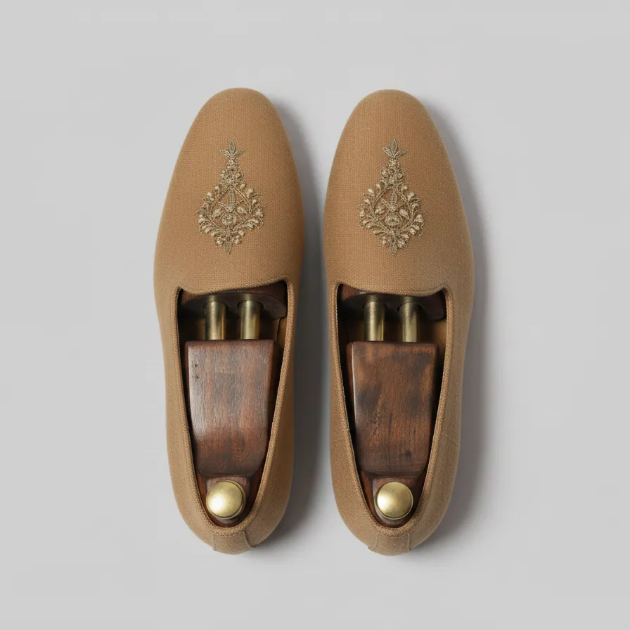 Tan Knitted Euro Velvet Tana Peshawari Jutti Loafers | Wedding Shoes for Groom | Shoes for Haldi Mehendi Sangeet sold by Costoso Italiano product image thumbnail 4