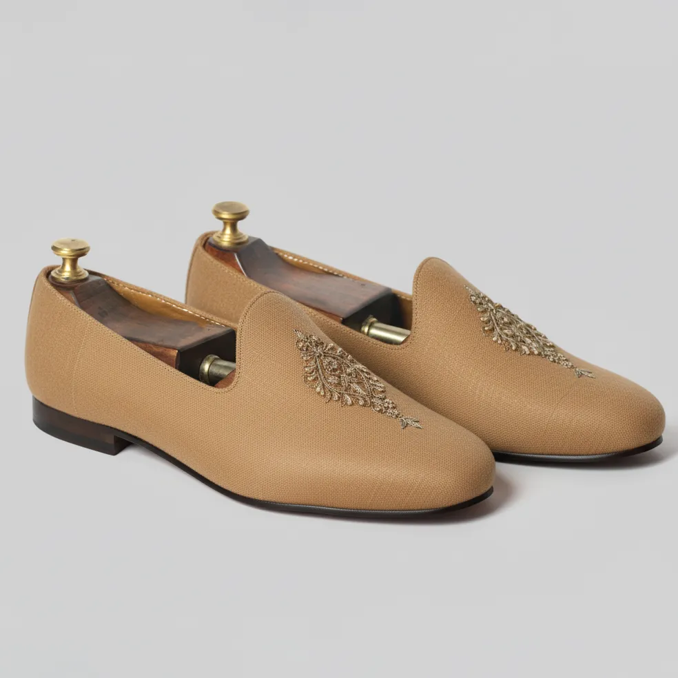 Tan Knitted Euro Velvet Tana Peshawari Jutti Loafers | Wedding Shoes for Groom | Shoes for Haldi Mehendi Sangeet sold by Costoso Italiano
