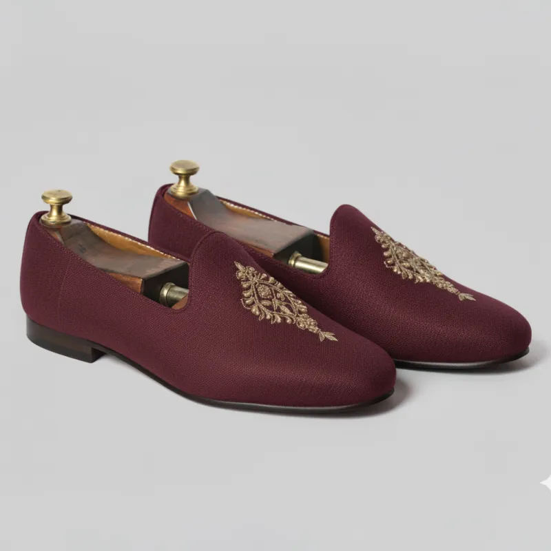 Burgundy Knitted Euro Velvet Tana Peshawari Jutti Loafers | Wedding Shoes for Groom | Shoes for Haldi Mehendi Sangeet sold by Costoso Italiano