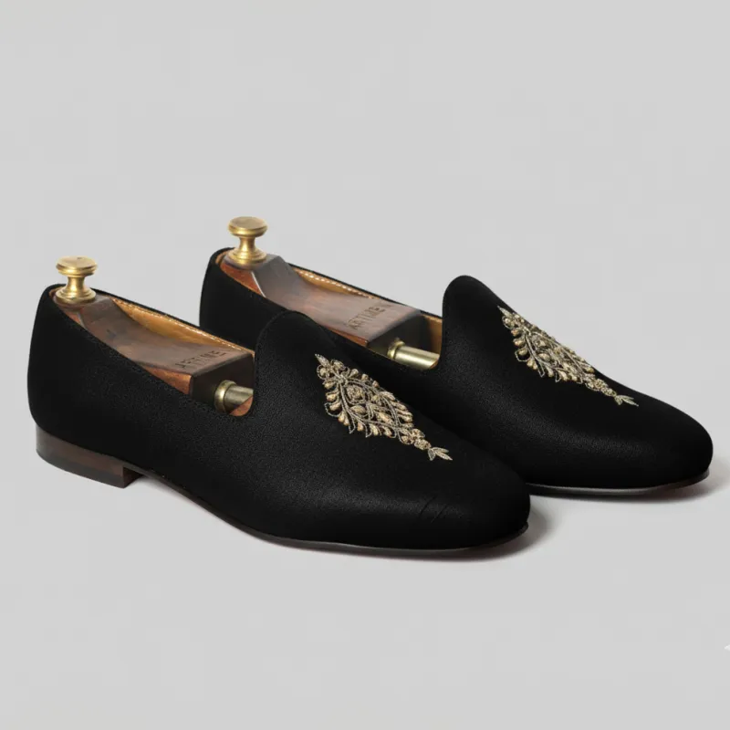 Black Knitted Euro Velvet Tana Peshawari Jutti Loafers | Wedding Shoes for Groom | Shoes for Haldi Mehendi Sangeet sold by Costoso Italiano